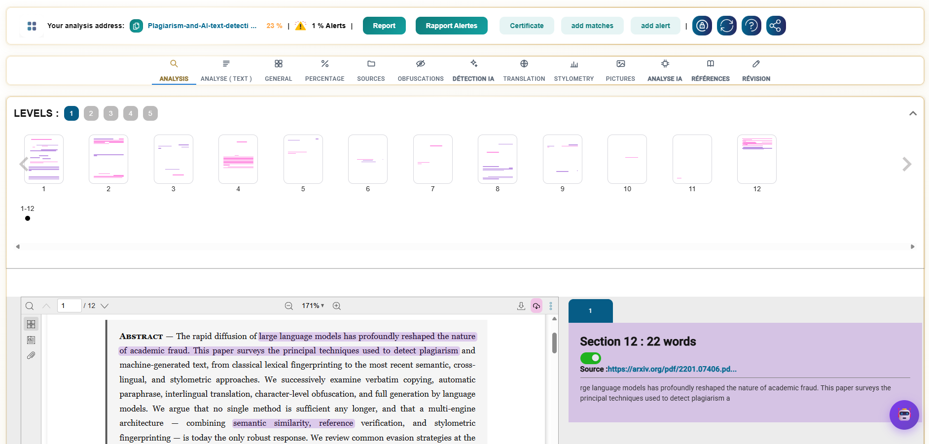 Analyse d'intégrité — carte de similarité et viewer document