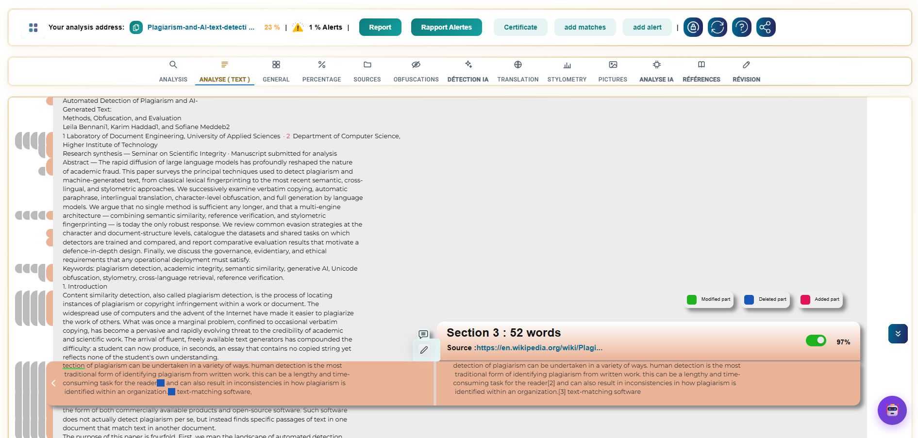 Analyse d'intégrité — détection d'IA par segment